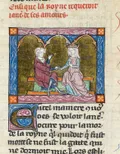 Королева Гвиневра расспрашивает Ланселота о его любви к ней. Миниатюра из манускрипта «Ланселот-Грааль». Начало 13 в.