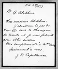 Письмо Хосе Рауля Капабланки Александру Алехину с признанием поражения в матче. 1927