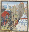 Король Англии Эдуард III при осаде Реймса. Миниатюра из Хроник Фруассара. 15 в.