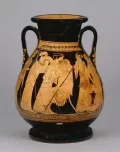 Фетида вручает Ахиллу доспехи, изготовленные Гефестом. Изображение на краснофигурном пелике. Ок. 470 до н. э.
