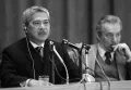 Президент ФИДЕ Флоренсио Кампоманес и главный арбитр матча Светозар Глигорич на пресс-конференции в гостинице «Спорт». Москва. 1985