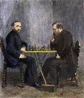 Вильгельм Стейниц (справа) и Иоганнес Цукерторт (слева) во время матча за звание чемпиона мира по шахматам