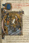 Эдуард III передаёт Аквитанию во владение своему сыну Эдуарду Чёрному Принцу. Миниатюра из «Книги дополнений» Матвея Парижского. 1386–1399