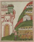 Взятие Новгорода шведами в 1611. Миниатюра из Сказания о иконе Богородицы Тихвинской