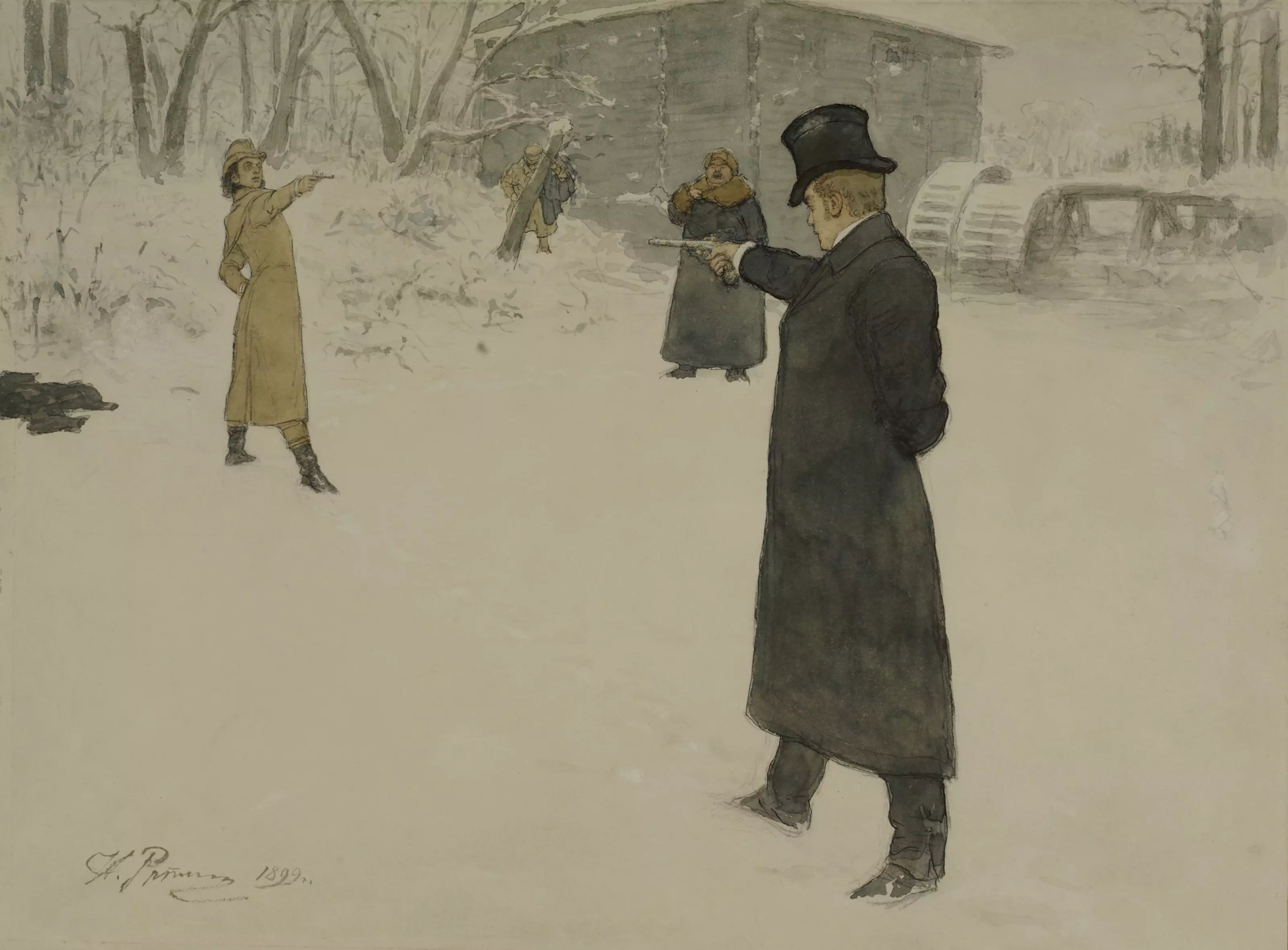 Онегин во время дуэли. Репин "дуэль Онегина и Ленского" (1899 г.).