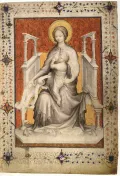 Мадонна с Младенцем на троне. Приписывается Андре Боневё. Миниатюра из Прекраснейшего часослова герцога Беррийского («Брюссельского часослова»). 1401–1403 или 1405–1410