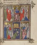 Дагоберт I основывает аббатство Сен-Дени. Миниатюра из Жития Дионисия Парижского, епископа и мученика. 1330–1340