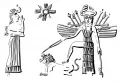 Воинственная Иштар со львом. Напротив богини – божество, выражающее ей почтение. Прорисовка с цилиндрической печати аккадского периода. Ок. 2200 до н. э.