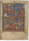 Сцены из рыцарской жизни. Миниатюра из рукописи Кретьена де Труа «Ивейн, или Рыцарь со львом». 1-я половина 14 в.