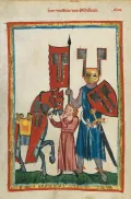 Вольфрам фон Эшенбах и его оруженосец. Миниатюра из Манесского кодекса. Ок. 1300