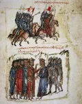 Войска хана Крума преследуют войско византийского императора Никифора I. Пленение Никифора I. 811. Миниатюра из Хроники Константина Манассии. 1344–1345