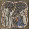 Король Франции Людовик IX получает благословение папы Римского Иннокентия IV на крестовый поход. Миниатюра из Больших французских хроник. 1375–1380