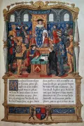 Филипп де Коммин диктует свои «Мемуары» перед королём Франции Людовиком XI. Миниатюра из «Мемуаров» Филиппа де Коммина. 1498