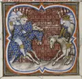 Сражение при Бувине 27 июля 1214. Поединок между королём Франции Филиппом II Августом и императором Священной Римской империи Оттоном IV. Миниатюра из Больших французских хроник. 1375–1380