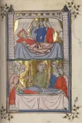 Смерть и похороны Дагоберта I. Миниатюра из Жития Дионисия Парижского, епископа и мученика. 1330–1340