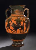 Геракл выводит Цербера из Аида в присутствии Гермеса и Персефоны. Изображение на чернофигурной амфоре. Ок. 490 до н. э. 