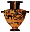 Зевс поражает Тифона. Изображение на чернофигурной гидрии. Ок. 490 до н. э.