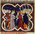 Король Франции Филипп IV Красивый принимает легата папы Римского Бонифация VIII. Миниатюра из Больших французских хроник. 1390–1399