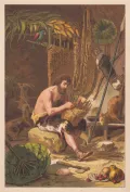 Робинзон Крузо плетёт корзину. Литография по рисунку Густава Барча из книги: Даниель Дефо. Робинзон Крузо. 1877