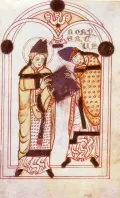 Норберт Ксантенский (справа) получает августинский устав из рук святого Августина. Миниатюра из рукописи «Vita beati Norberti». Ок. 1180–1200