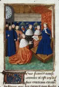 Ричард II жалует Джону Гонту, герцогу Ланкастерскому, титул герцога Аквитании. Миниатюра из Хроник Фруассара. 1470–1472