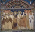 Император Константин IV дарует привилегии Равеннской церкви. Слева направо: Юстиниан II, его дяди Ираклий и Тиверий, Константин IV, два архиепископа Равенны и три диакона. Мозаика базилики Сант-Аполлинаре-ин-Классе, Равенна (Италия). 7 в.