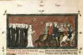 Король Франции Людовик IX  отправляется в Седьмой крестовый поход. Миниатюра из Больших французских хроник. Между 1332 и 1350