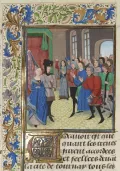 Жители Нанта присягают Жану IV де Монфору. Миниатюра из Хроник Фруассара. 15 в.