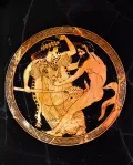 Менада и сатир, мифические спутники Диониса, выразители оргиастического характера его культа. Фрагмент росписи краснофигурного сосуда. 490–480 до н. э.