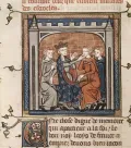 Король Франции Людовик IX исцеляет больного золотухой. Миниатюра из Больших французских хроник. Между 1332 и 1350