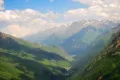Долина реки Баксан в Приэльбрусье, вид с горы Чегет (Кабардино-Балкария, Россия)