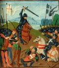 Битва при Креси 26 августа 1346. Миниатюра из Хроники святого Альбана. 15 в. Lambeth Palace MS 6. Fol. 215r.