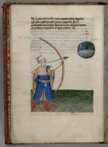Джон Гауэр целится из лука в Землю. Миниатюра из поэмы «Глас вопиющего». Ок. 1400–1450
