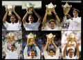 Роджер Федерер с трофеями Уимблдонского турнира разных лет