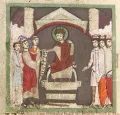 Карл Великий вверяет Лиудгеру монастырь Лотуза в Брабанте. Миниатюра из Жития святого Лиудгера. 11 в.