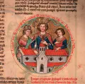 Германский король Конрад III, герцог Баварии Леопольд IV и Хадмар I Кюнринг с моделью Цветльского аббатства. Миниатюра из Книги основателей Цветльского аббатства (Liber fundatorum). 1310–1311