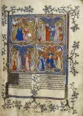 Коронование Девы Марии (слева вверху); святые мужи (справа вверху); святые жёны (слева внизу); Страшный суд (справа внизу). Миниатюра из «Золотой легенды» Иакова Ворагинского. Французский перевод Жана де Винье. 1382