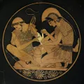 Ахилл перевязывает раны Патрокла. Изображение на краснофигурном килике мастера Сосия. Ок. 500 до н. э.