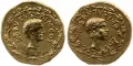 Ауреус Марка Юния Брута, золото. 43–42 до н. э. На аверсе портрет Луция Юния Брута, на реверсе портрет Марка Юния Брута