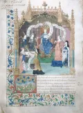 Спор между Людовиком XI и Марией Бургундской. Миниатюра из рукописи «Оправдание прав Людовика XI на Бургундию и другие земли». 1477–1482