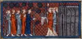 Король Франции Людовик IX получает Терновый венец и другие христианские реликвии. Миниатюра из Больших французских хроник. Между 1332 и 1350