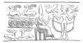 Богиня распахивает одеяние, призывая возлюбленного, сидящего в центре. Прорисовка с цилиндрической печати из древней Сирии. Середина 18 в. до н. э.