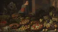Флорис ван Схотен. Натюрморт с фруктами, овощами на фоне сцены «Христос в Эммаусе». 1630