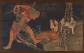 Кацусика Хокусай. Кукай (Кобо-дайси) практикует тантру, демон перед ним и волк позади. 2-я половина 18 – 1-я половина 19 вв.