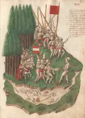 Битва при Моргартене. Миниатюра из Хроники Бенедикта Чахтлана. Ок. 1470