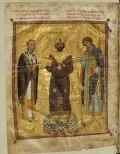 Никифор III Вотаниат с Иоанном Златоустом и архангелом Михаилом. Миниатюра из «Слова Иоанна Златоуста». 1078–1081