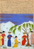 Китайские мудрецы Ли Та-Чи и Максун подносят исторические труды ильхану Ирана Ольджейту. Миниатюра из рукописи Ха­фи­зи
