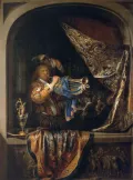Геррит Доу. Трубач со сценой банкета на заднем плане. 1660–1665
