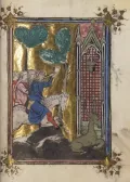 Дагоберт I охотится на оленя. Миниатюра из Жития Дионисия Парижского, епископа и мученика. 1330–1340
