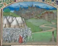 Изабелла Французская и Роджер Мортимер во главе войска. Миниатюра из рукописи Жана де Ваврена «Собрание староанглийских хроник». 1471–1483